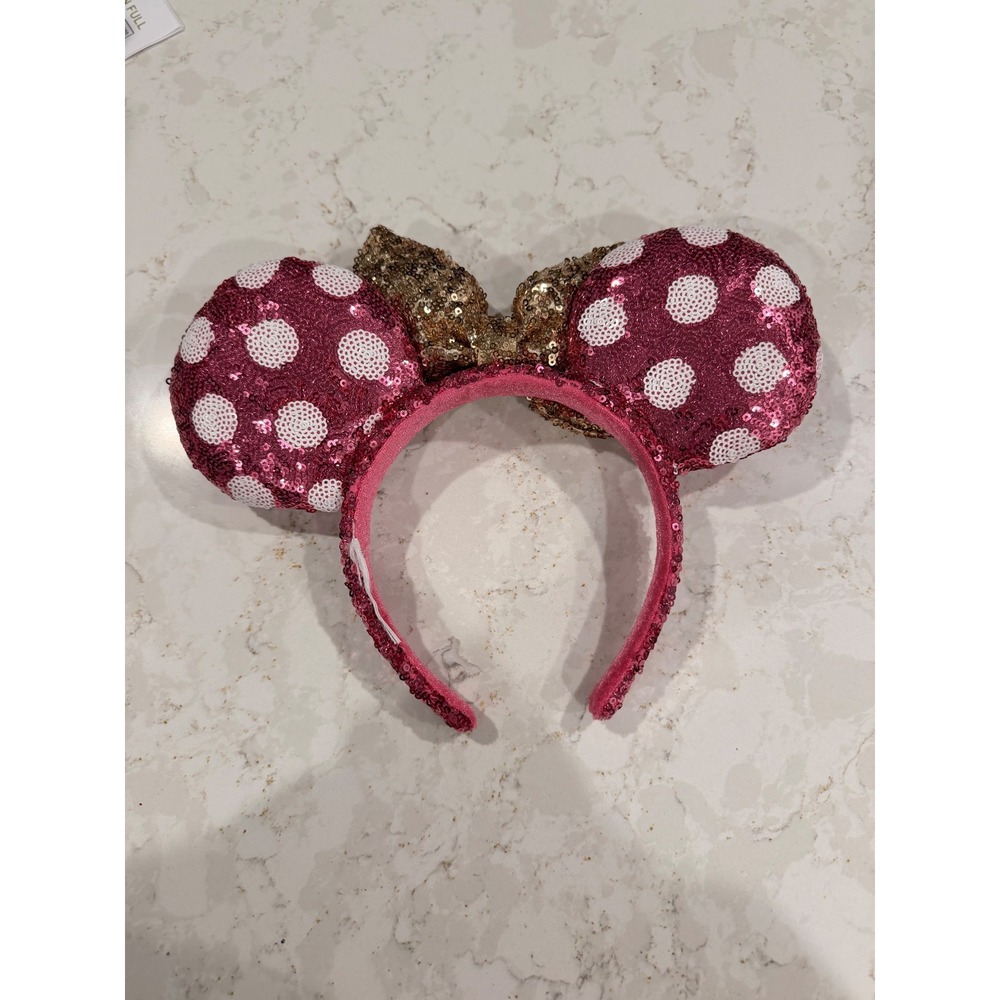 Disney Parks Minnie Mouse Ears Headband Pink Gold Sequin Polka Dot Accessory - Picture 3 of 3